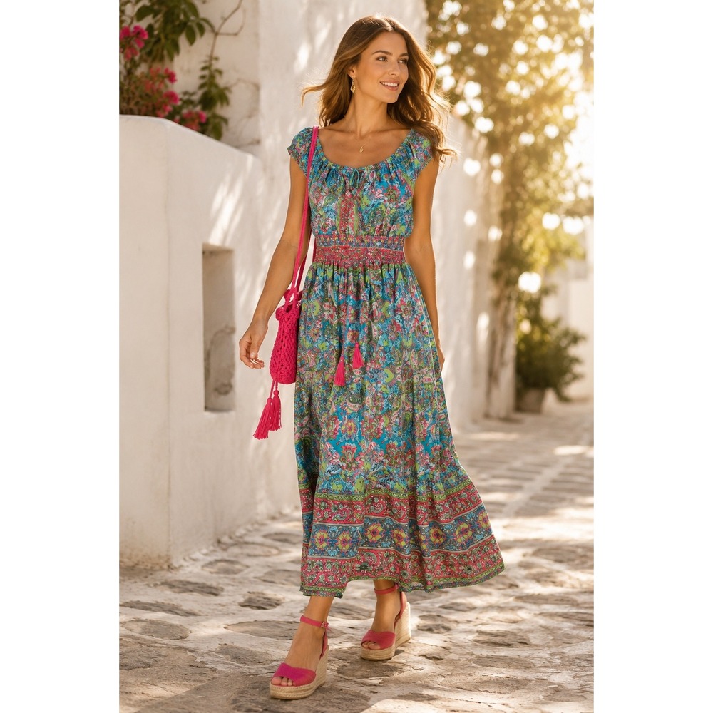 Zury Silk Blend Paisley Maxi Dress Blue Pink Tassel Boho Smocked Free Size